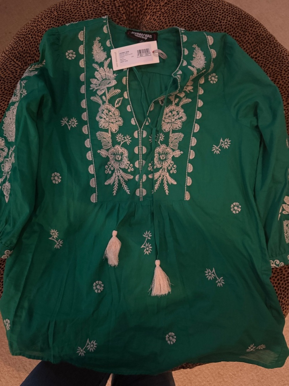 Johnny Was Emerald Green Embroidered Tassel Tunic